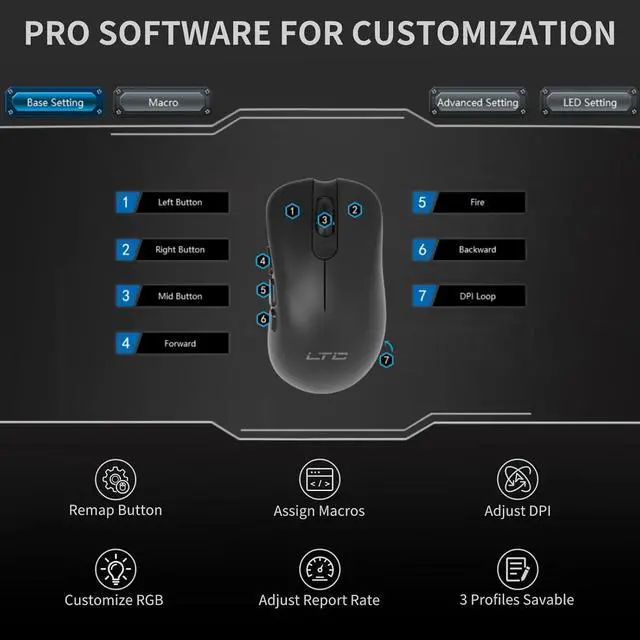 Alt view image 2 of 7 - LTC GM-031 Wired Gaming Mouse, 7200 DPI Adjustable, 6 Programmable Macro Buttons, 4 RGB Backlit Mode, Ergonomic Shape, Software Support for Customization, Black