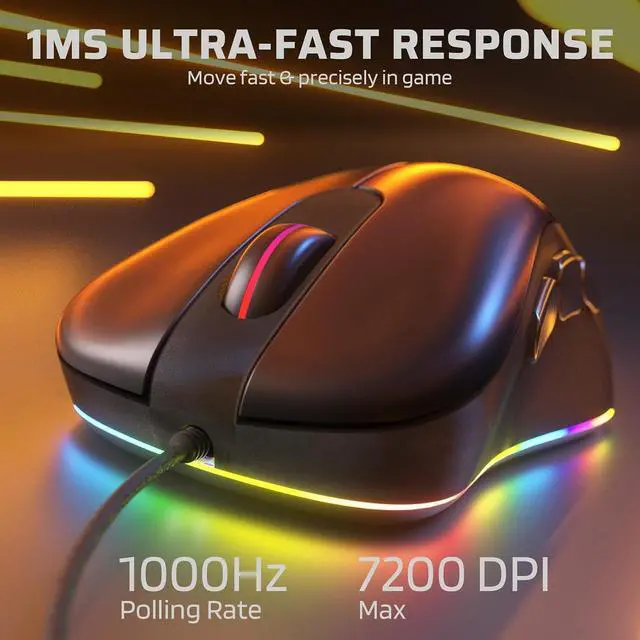 Alt view image 4 of 7 - LTC GM-031 Wired Gaming Mouse, 7200 DPI Adjustable, 6 Programmable Macro Buttons, 4 RGB Backlit Mode, Ergonomic Shape, Software Support for Customization, Black