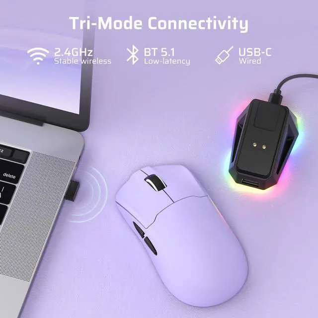 Alt view image 4 of 7 - LTC GM022 Ultralight 3-Mode Wireless Gaming Mouse with RGB Charging Dock, PAW3395 26K DPI Sensor, 55G Lightweight Ergonomic Bluetooth Gaming Mouse, 5 Programmable Buttons, 80 Million Click Switch