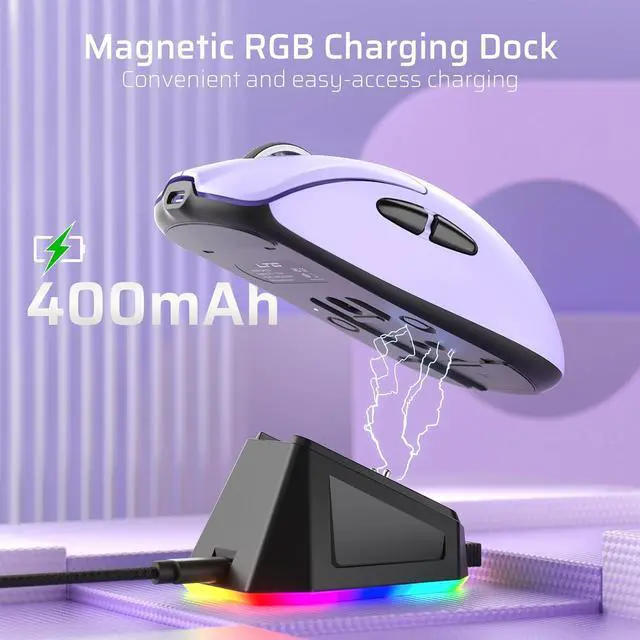 Alt view image 7 of 7 - LTC GM022 Ultralight 3-Mode Wireless Gaming Mouse with RGB Charging Dock, PAW3395 26K DPI Sensor, 55G Lightweight Ergonomic Bluetooth Gaming Mouse, 5 Programmable Buttons, 80 Million Click Switch