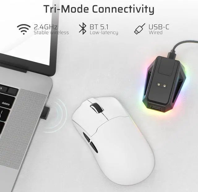 Alt view image 6 of 7 - LTC GM022 Ultralight 3-Mode Wireless Gaming Mouse with RGB Charging Dock, PAW3395 26K DPI Sensor, 55G Lightweight Ergonomic Bluetooth Gaming Mouse, 5 Programmable Buttons, 80 Million Click Switch