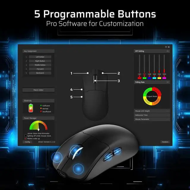 Alt view image 3 of 7 - LTC GM022 Ultralight 3-Mode Wireless Gaming Mouse with RGB Charging Dock, PAW3395 26K DPI Sensor, 55G Lightweight Ergonomic Bluetooth Gaming Mouse, 5 Programmable Buttons, 80 Million Click Switch