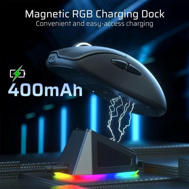 Alt view image 4 of 7 - LTC GM022 Ultralight 3-Mode Wireless Gaming Mouse with RGB Charging Dock, PAW3395 26K DPI Sensor, 55G Lightweight Ergonomic Bluetooth Gaming Mouse, 5 Programmable Buttons, 80 Million Click Switch