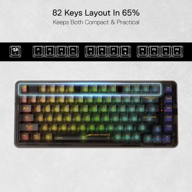 Alt view image 2 of 7 - Redragon K649 PRO 78% Wireless Gasket RGB Gaming Keyboard, 3-Modes 82 Keys Full-Transparent Hot-Swap Compact Mechanical Keyboard