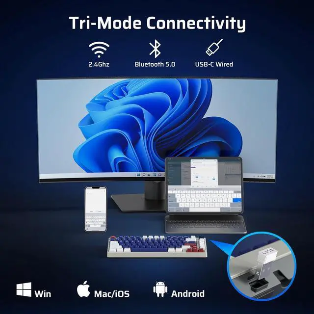 Alt view image 4 of 7 - LTC Nimbleback NB831 Wireless 75% 3-Mode BT5.0/2.4Ghz/USB-C Wired Hot Swappable Mechanical Keyboard, 81-Keys RGB Compact Gaming Keyboard with Knob, Sound Absorbing Pads, PBT Keycaps, Pro Driver,Mecha