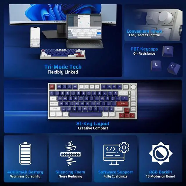 Alt view image 2 of 7 - LTC Nimbleback NB831 Wireless 75% 3-Mode BT5.0/2.4Ghz/USB-C Wired Hot Swappable Mechanical Keyboard, 81-Keys RGB Compact Gaming Keyboard with Knob, Sound Absorbing Pads, PBT Keycaps, Pro Driver,Mecha