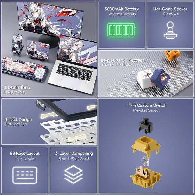 Alt view image 7 of 7 - Redragon K686 PRO SE 98 Keys Wireless Gasket RGB Gaming Keyboard, 3-Mode Anime Mechanical Keyboard w/Hot-Swap Socket, Dedicated Knob Control & 5-Layer Noise Dampening, Custom Hi-Fi Linear Switch