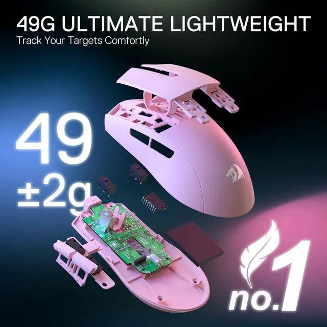 Alt view image 4 of 7 - Redragon M916 PRO 3-Mode Wireless Gaming Mouse, 49G Ultra-Light 26K DPI Gamer Mouse w/Ergonomic Natural Grip Build, Full Programmable Buttons, Software Supports DIY Keybinds & DPI (1K Hz, Pink)