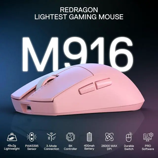 Alt view image 5 of 7 - Redragon M916 PRO 3-Mode Wireless Gaming Mouse, 49G Ultra-Light 26K DPI Gamer Mouse w/Ergonomic Natural Grip Build, Full Programmable Buttons, Software Supports DIY Keybinds & DPI (1K Hz, Pink)