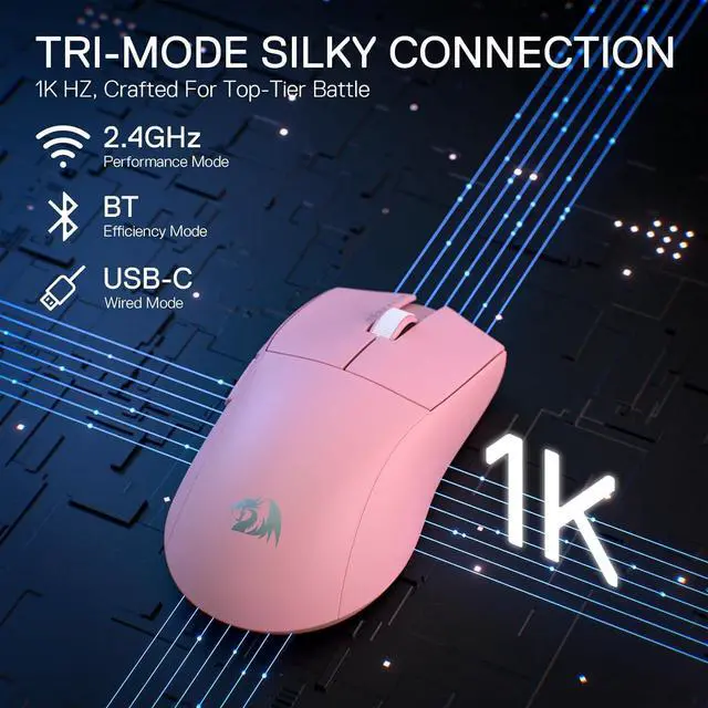 Alt view image 2 of 7 - Redragon M916 PRO 3-Mode Wireless Gaming Mouse, 49G Ultra-Light 26K DPI Gamer Mouse w/Ergonomic Natural Grip Build, Full Programmable Buttons, Software Supports DIY Keybinds & DPI (1K Hz, Pink)