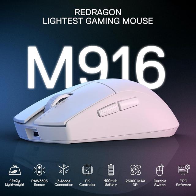 Alt view image 2 of 7 - Redragon M916 PRO 3-Mode Wireless Gaming Mouse, 49G Ultra-Light 26K DPI Gamer Mouse w/Ergonomic Natural Grip Build, Full Programmable Buttons, Software Supports DIY Keybinds & DPI,White