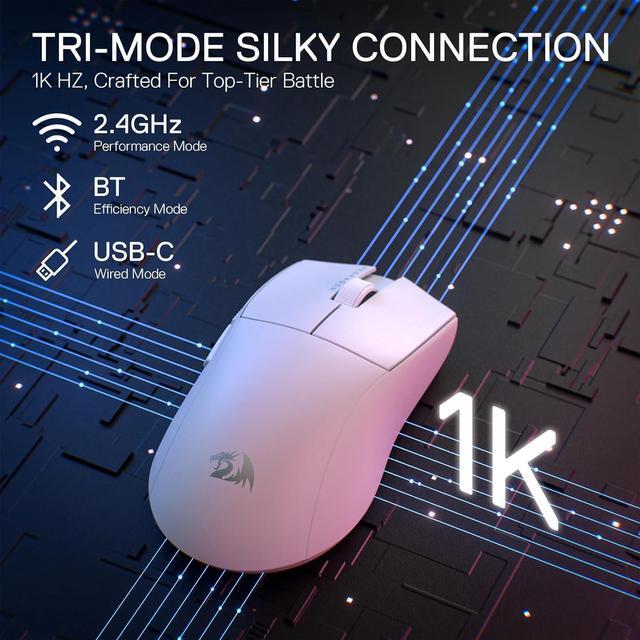 Alt view image 5 of 7 - Redragon M916 PRO 3-Mode Wireless Gaming Mouse, 49G Ultra-Light 26K DPI Gamer Mouse w/Ergonomic Natural Grip Build, Full Programmable Buttons, Software Supports DIY Keybinds & DPI,White