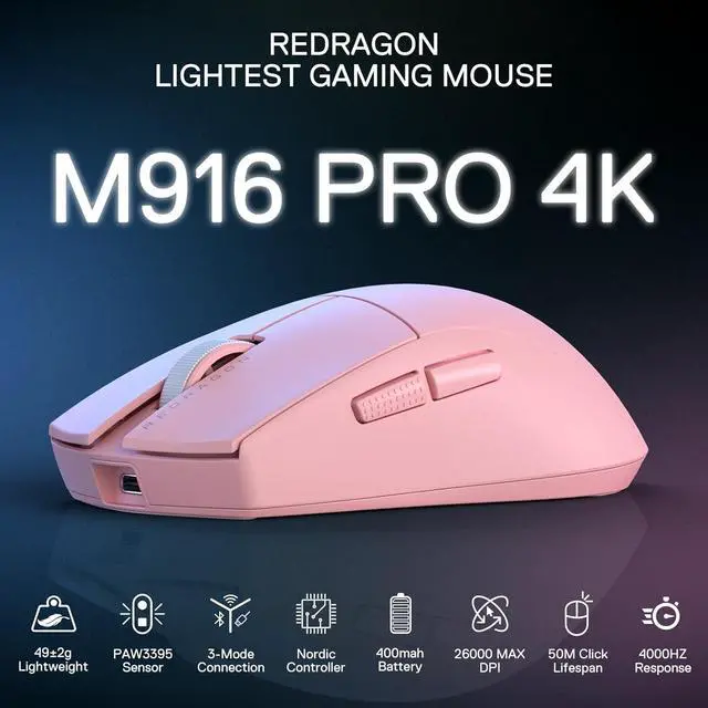 Alt view image 6 of 7 - Redragon M916 PRO 3-Mode Wireless Gaming Mouse, Hype-Speed 4K Polling Rate, 49G Ultra-Light 26K DPI Gamer Mouse w/Ergonomic Natural Grip Build, Redefinable Macro Buttons, Software Supported,Pink