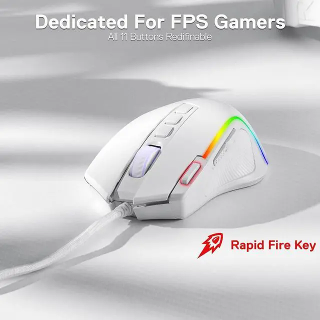 Alt view image 6 of 7 - Redragon M612 Predator RGB Gaming Mouse, 8000 DPI Wired Optical Gamer Mouse with 11 Programmable Buttons & 5 Backlit Modes, Software Supports DIY Keybinds Rapid Fire Button, White