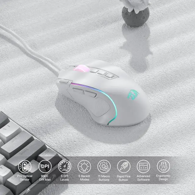 Alt view image 2 of 7 - Redragon M612 Predator RGB Gaming Mouse, 8000 DPI Wired Optical Gamer Mouse with 11 Programmable Buttons & 5 Backlit Modes, Software Supports DIY Keybinds Rapid Fire Button, White
