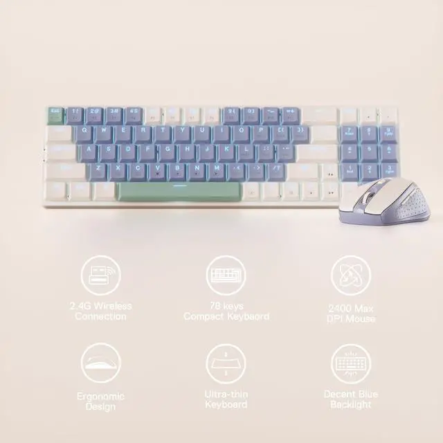 Alt view image 7 of 7 - Redragon BS8772 Wireless Keyboard and Mouse Combo, 75% 78 Keys 2.4Ghz Wireless Low-Profile Mechanical Keyboard w/Rechargeable Battery, Single Blue Blacklight, 2400 DPI Ergonomic Mouse,Lollipop Blue