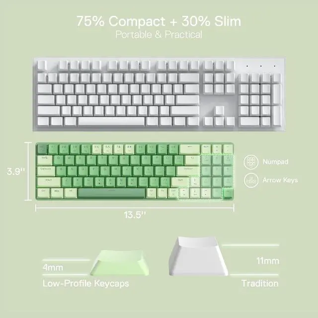 Alt view image 3 of 7 - Redragon BS8772 Wireless Keyboard and Mouse Combo, 75% 78 Keys 2.4Ghz Wireless Low-Profile Mechanical Keyboard w/Rechargeable Battery, Single Blue Blacklight, 2400 DPI Ergonomic Mouse,Herb Green