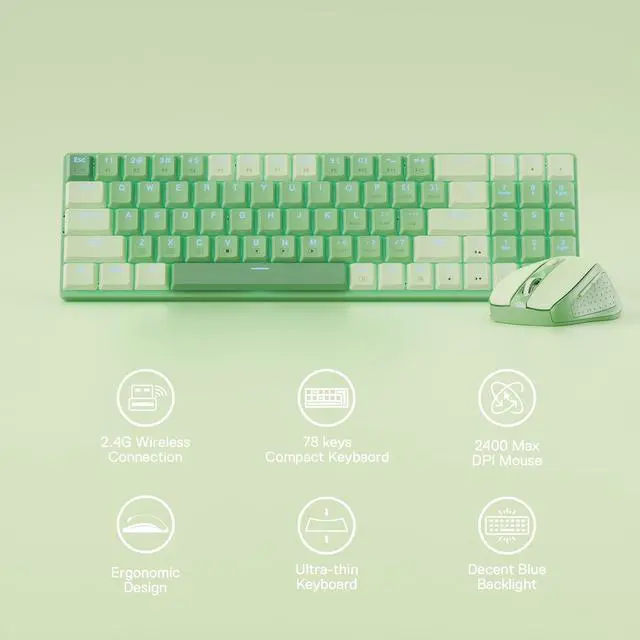 Alt view image 6 of 7 - Redragon BS8772 Wireless Keyboard and Mouse Combo, 75% 78 Keys 2.4Ghz Wireless Low-Profile Mechanical Keyboard w/Rechargeable Battery, Single Blue Blacklight, 2400 DPI Ergonomic Mouse,Herb Green
