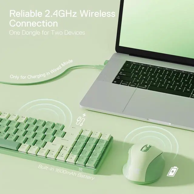Alt view image 2 of 7 - Redragon BS8772 Wireless Keyboard and Mouse Combo, 75% 78 Keys 2.4Ghz Wireless Low-Profile Mechanical Keyboard w/Rechargeable Battery, Single Blue Blacklight, 2400 DPI Ergonomic Mouse,Herb Green