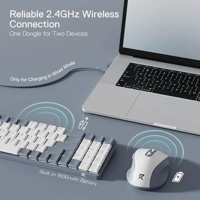 Alt view image 6 of 7 - Redragon BS8772 Wireless Keyboard and Mouse Combo, 75% 78 Keys 2.4Ghz Wireless Low-Profile Mechanical Keyboard w/Rechargeable Battery, Single Blue Blacklight, 2400 DPI Ergonomic Mouse,Ash Grey