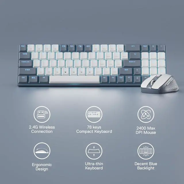 Alt view image 2 of 7 - Redragon BS8772 Wireless Keyboard and Mouse Combo, 75% 78 Keys 2.4Ghz Wireless Low-Profile Mechanical Keyboard w/Rechargeable Battery, Single Blue Blacklight, 2400 DPI Ergonomic Mouse,Ash Grey