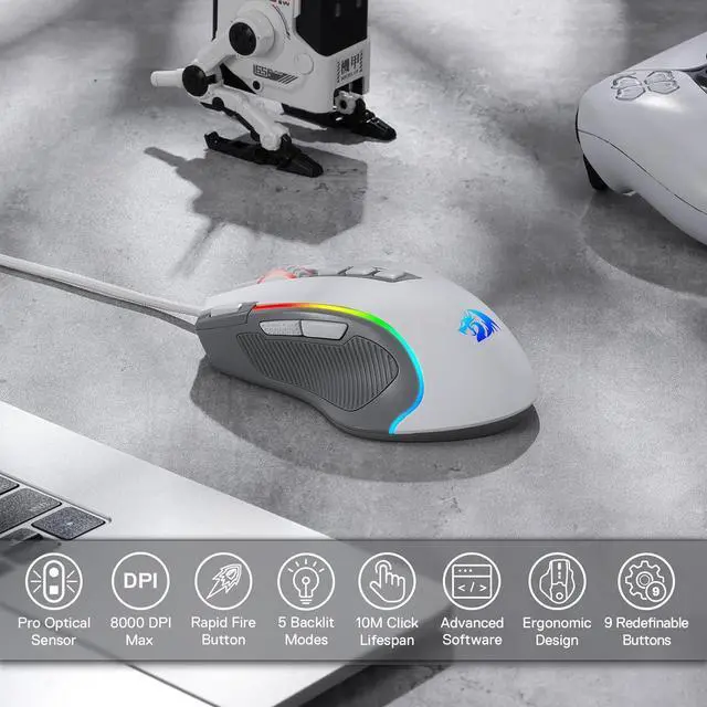 Alt view image 2 of 7 - Redragon M612 RGB Gaming Mouse, 8000 DPI Wired Optical Gamer Mouse with 9 Programmable Buttons & 5 Backlit Modes, Software Supports DIY Keybinds Rapid Fire Button, Gray&White