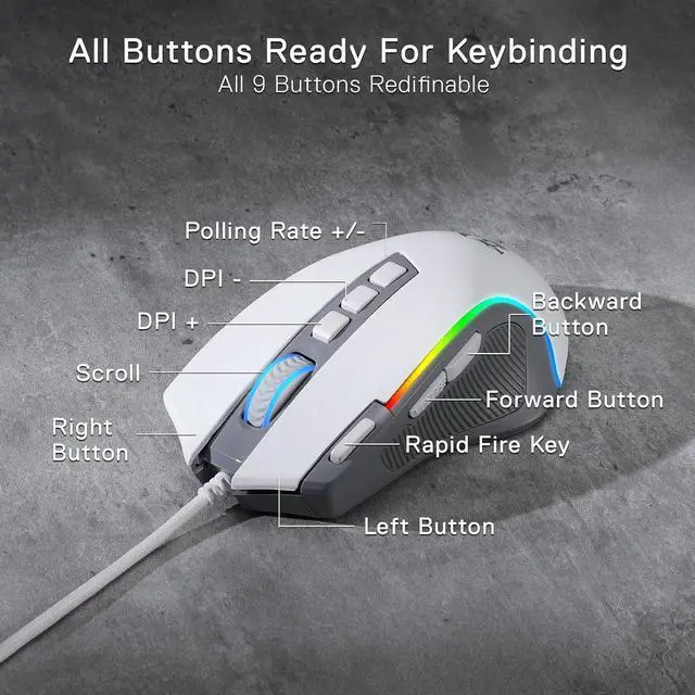 Alt view image 5 of 7 - Redragon M612 RGB Gaming Mouse, 8000 DPI Wired Optical Gamer Mouse with 9 Programmable Buttons & 5 Backlit Modes, Software Supports DIY Keybinds Rapid Fire Button, Gray&White