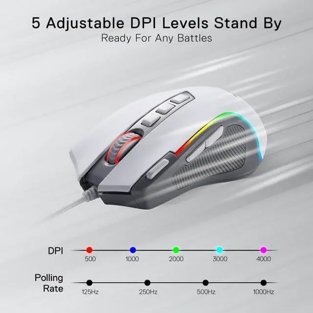 Alt view image 3 of 7 - Redragon M612 RGB Gaming Mouse, 8000 DPI Wired Optical Gamer Mouse with 9 Programmable Buttons & 5 Backlit Modes, Software Supports DIY Keybinds Rapid Fire Button, Gray&White