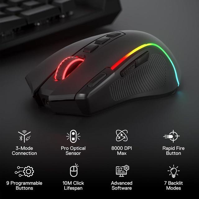 Alt view image 6 of 7 - Redragon M612 PRO RGB Gaming Mouse, 8000 DPI BT Wired/Wireless Optical Gamer Mouse 9 Programmable Buttons & 7 Backlit Modes,Software Supports DIY Keybinds Rapid Fire Button,Black