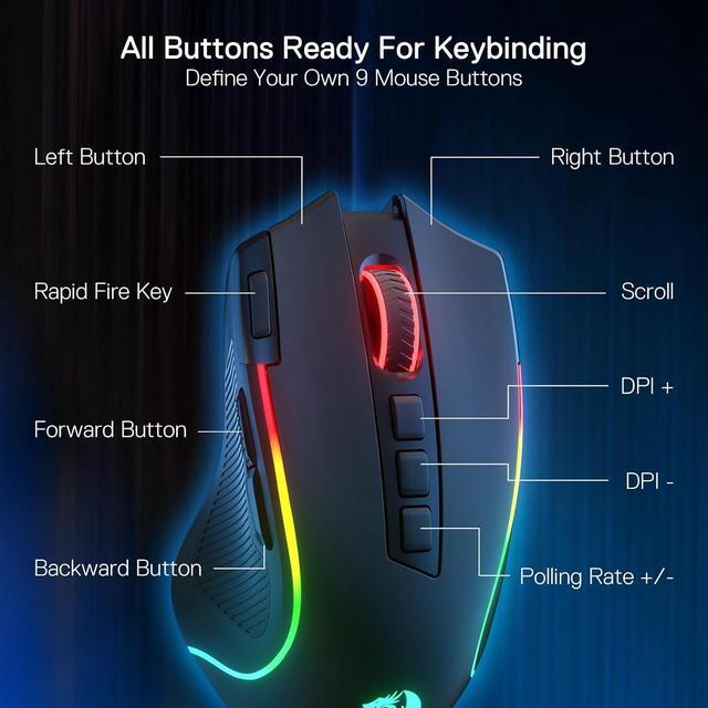 Alt view image 5 of 7 - Redragon M612 PRO RGB Gaming Mouse, 8000 DPI BT Wired/Wireless Optical Gamer Mouse 9 Programmable Buttons & 7 Backlit Modes,Software Supports DIY Keybinds Rapid Fire Button,Black