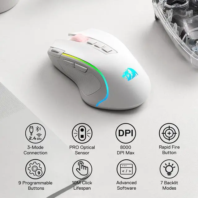 Alt view image 3 of 7 - Redragon M612 PRO RGB Gaming Mouse, 8000 DPI Wired/Wireless Optical Gamer Mouse with 9 Programmable Buttons & 6 Backlit Modes, BT & 2.4G Wireless, Software Supports, White