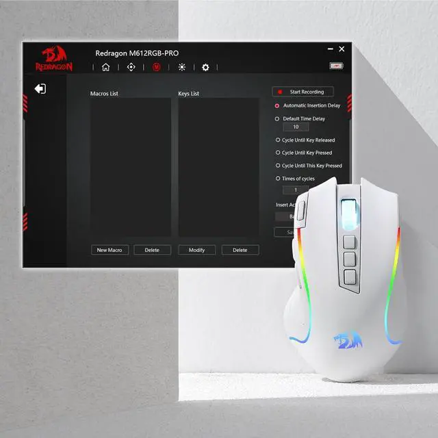 Alt view image 4 of 7 - Redragon M612 PRO RGB Gaming Mouse, 8000 DPI Wired/Wireless Optical Gamer Mouse with 9 Programmable Buttons & 6 Backlit Modes, BT & 2.4G Wireless, Software Supports, White