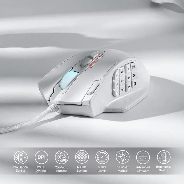 Alt view image 3 of 7 - Redragon M908 Impact RGB LED MMO Gaming Mouse with 12 Side Buttons, Optical Wired Ergonomic Gamer Mouse with Max 12,400DPI, High Precision, 18 Programmable Macro Shortcuts, Comfort Grip, White