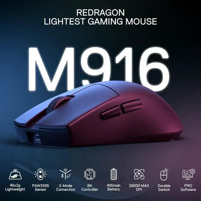 Alt view image 4 of 7 - Redragon M916 PRO 3-Mode Wireless Gaming Mouse, 49G Ultra-Light 26K DPI Gamer Mouse w/Ergonomic Natural Grip Build, Full Programmable Buttons, Software Supports DIY Keybinds & DPI,Black