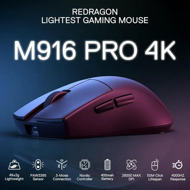 Alt view image 4 of 7 - Redragon M916 PRO 3-Mode Wireless Gaming Mouse, Hype-Speed 4K Polling Rate, 49G Ultra-Light 26K DPI Gamer Mouse w/Ergonomic Natural Grip Build, Redefinable Macro Buttons, Software Supported,Black