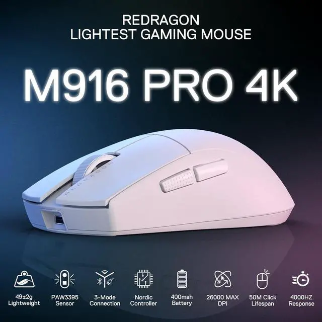 Alt view image 5 of 7 - Redragon M916 PRO 3-Mode Wireless Gaming Mouse, Hype-Speed 4K Polling Rate, 49G Ultra-Light 26K DPI Gamer Mouse w/Ergonomic Natural Grip Build, Redefinable Macro Buttons, Software Supported,White