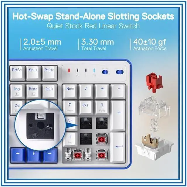 Alt view image 7 of 7 - Redragon K685 PRO 104 Keys Wireless Gasket RGB Gaming Keyboard, 3-Modes 100% Layout Mechanical Keyboard w/Hot-Swap Socket, Sound Absorbing Pads & Linear Red Switch, Klein Blue & Oia White