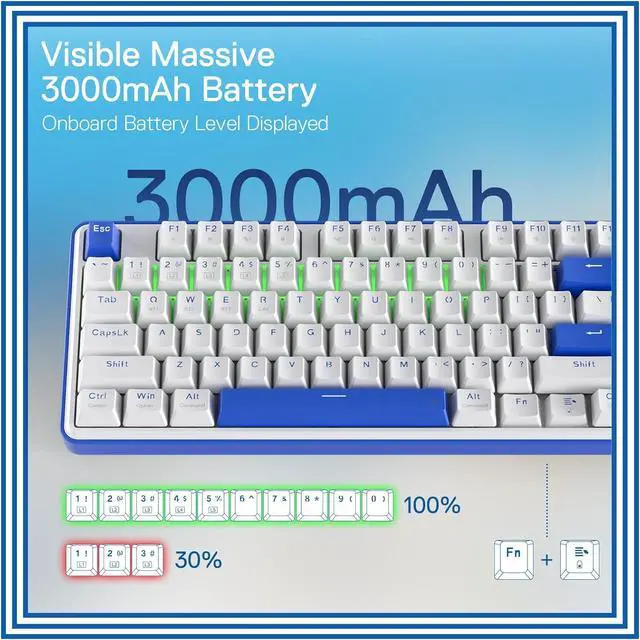 Alt view image 3 of 7 - Redragon K685 PRO 104 Keys Wireless Gasket RGB Gaming Keyboard, 3-Modes 100% Layout Mechanical Keyboard w/Hot-Swap Socket, Sound Absorbing Pads & Linear Red Switch, Klein Blue & Oia White