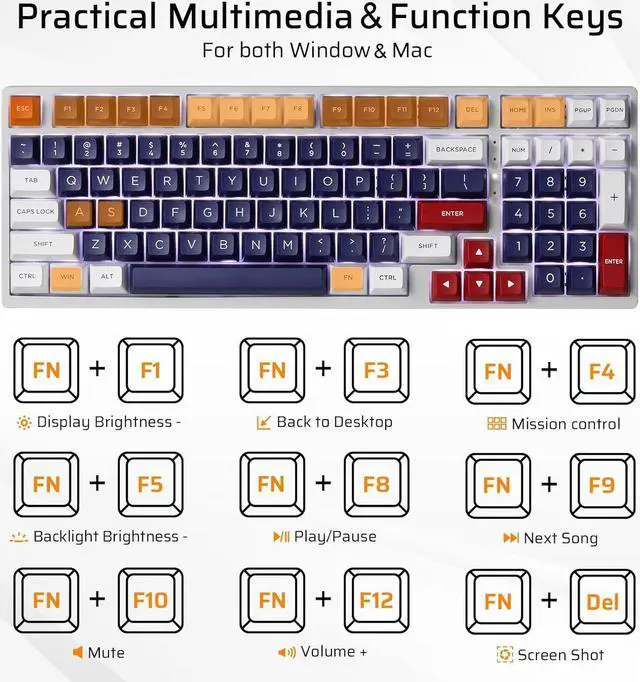 Alt view image 4 of 7 - LTC NB981 Nimbleback 98 Keys Wired Mechanical Keyboard, 96% Gaming Keyboard w/White Backlit, Red Switch, Mecha Blue