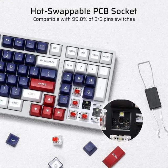 Alt view image 5 of 7 - LTC NB981 Nimbleback 98 Keys Wired Mechanical Keyboard, 96% Gaming Keyboard w/White Backlit, Red Switch, Mecha Blue
