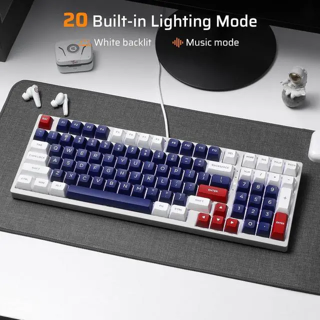 Alt view image 6 of 7 - LTC NB981 Nimbleback 98 Keys Wired Mechanical Keyboard, 96% Gaming Keyboard w/White Backlit, Red Switch, Mecha Blue