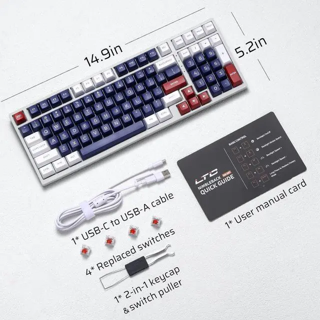 Alt view image 7 of 7 - LTC NB981 Nimbleback 98 Keys Wired Mechanical Keyboard, 96% Gaming Keyboard w/White Backlit, Red Switch, Mecha Blue
