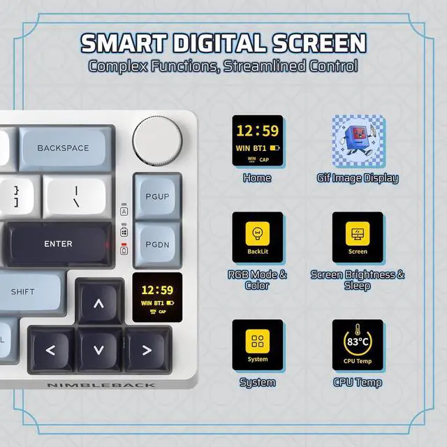 Alt view image 6 of 7 - LTC Nimbleback NB682 PRO 65% Wireless Mechanical Keyboard w/Display Screen & Knob, 2.4G/ BT/USB-C Wired RGB 68 Keys Gaming Keyboard, 5-Layer Dampener, Hot Swap PCB, Software Support, Linear Switch