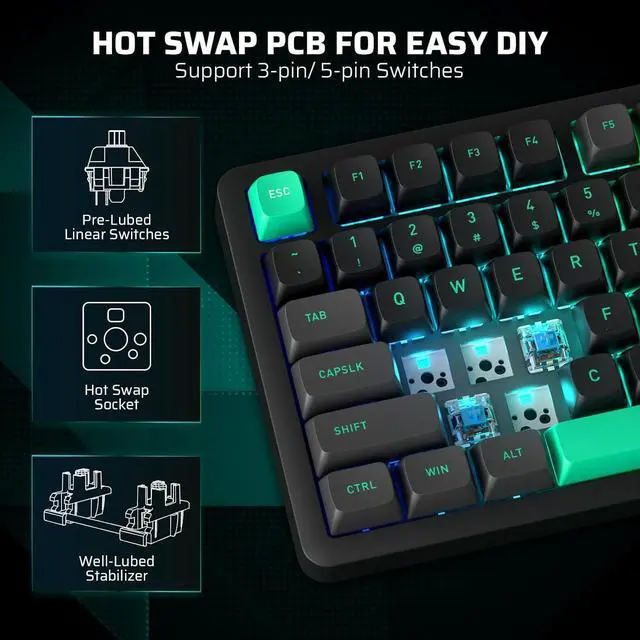 Alt view image 2 of 7 - LTC Nimbleback NB832 Wireless 75% Gasket Mechanical Keyboard, Tri-Mode BT5.0/2.4G/USB-C Wired, Hot Swappable 82-Keys RGB Gaming Keyboard w/Software & 5 Layer Padding, Custom Linear Switch