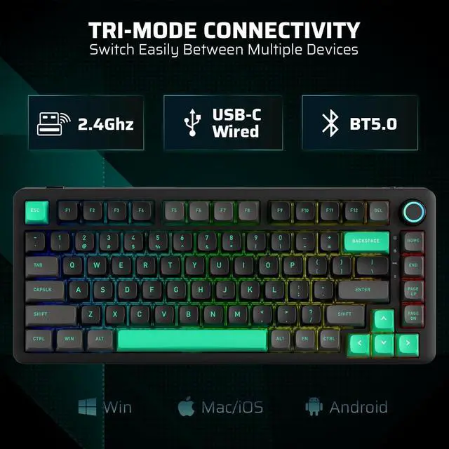 Alt view image 3 of 7 - LTC Nimbleback NB832 Wireless 75% Gasket Mechanical Keyboard, Tri-Mode BT5.0/2.4G/USB-C Wired, Hot Swappable 82-Keys RGB Gaming Keyboard w/Software & 5 Layer Padding, Custom Linear Switch