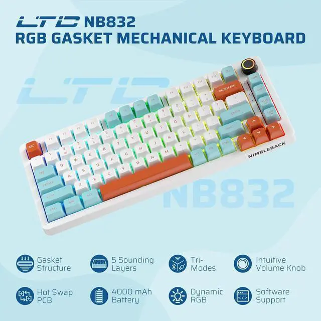 Alt view image 3 of 7 - LTC Nimbleback NB832 Wireless 75% Gasket Mechanical Keyboard, Tri-Mode BT5.0/2.4G/USB-C Wired, Hot Swappable 82-Keys RGB Gaming Keyboard w/Software & 5 Layer Padding, Custom Linear Switch