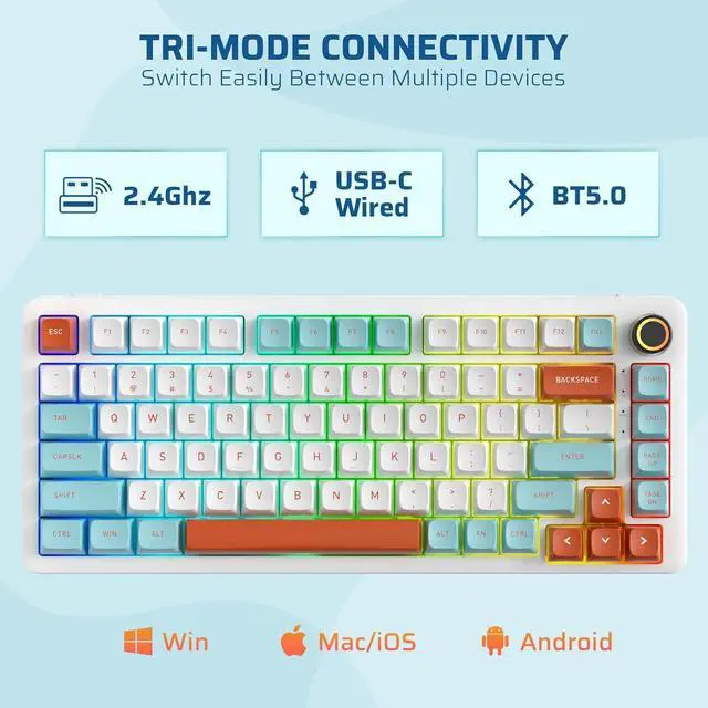 Alt view image 6 of 7 - LTC Nimbleback NB832 Wireless 75% Gasket Mechanical Keyboard, Tri-Mode BT5.0/2.4G/USB-C Wired, Hot Swappable 82-Keys RGB Gaming Keyboard w/Software & 5 Layer Padding, Custom Linear Switch