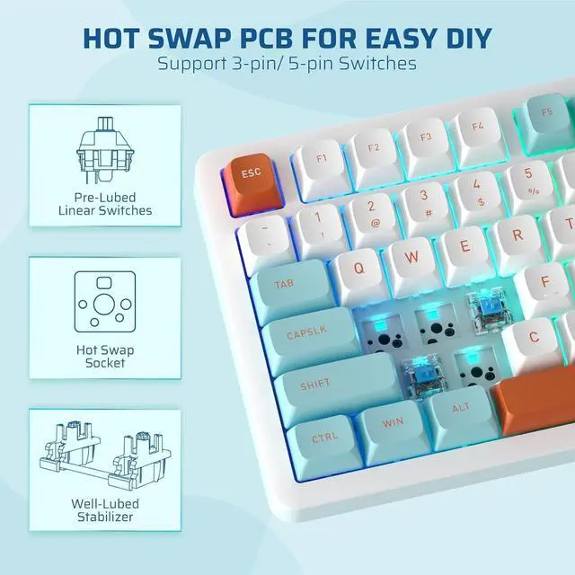 Alt view image 4 of 7 - LTC Nimbleback NB832 Wireless 75% Gasket Mechanical Keyboard, Tri-Mode BT5.0/2.4G/USB-C Wired, Hot Swappable 82-Keys RGB Gaming Keyboard w/Software & 5 Layer Padding, Custom Linear Switch