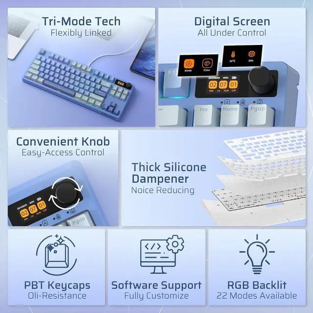 Alt view image 3 of 7 - LTC Nimbleback NB841 PRO 75% Wireless Mechanical Keyboard w/Display Screen & Knob, 2.4G/ BT/USB-C Wired RGB 84 Keys Gaming Keyboard, 3-Layer Dampener, Hot Swap PCB, Software Support, Linear Switch