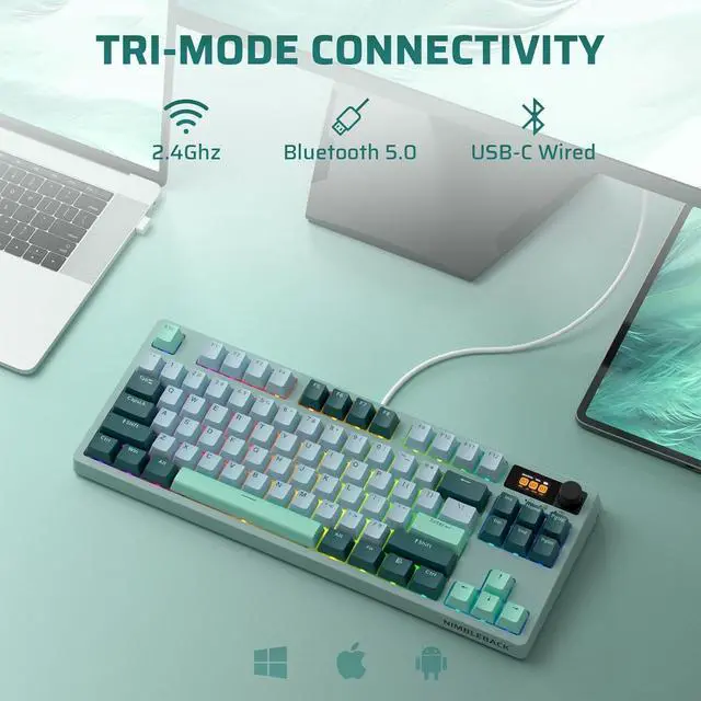 Alt view image 5 of 7 - LTC Nimbleback NB841 PRO 75% Wireless Mechanical Keyboard w/Display Screen & Knob, 2.4G/ BT/USB-C Wired RGB 84 Keys Gaming Keyboard, 3-Layer Dampener, Hot Swap PCB, Linear Switch, Green